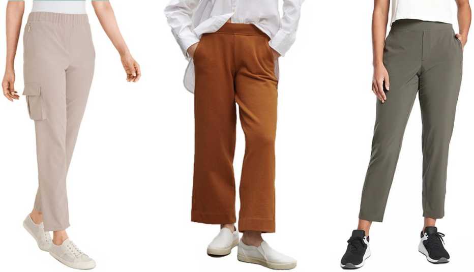 Chico's Zenergy Neema Travel Pants in modern taupe; Everlane's The Track Wide-Leg Pant in honey; Athleta Brooklyn Ankle Pant in mountain olive