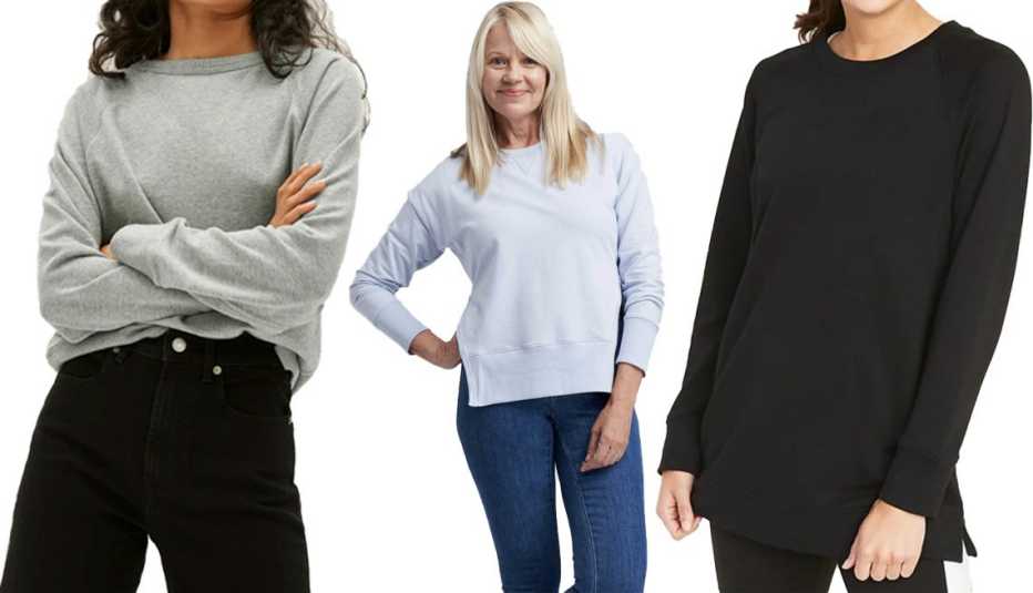 Everlane's The Lightweight French Terry Crew in heather grey; Universal Standard Fiona Open Side Sweatshirt in light blue; Old Navy's Loose-Fit French-Terry Crew-Neck Tunic for Women in Black Jack