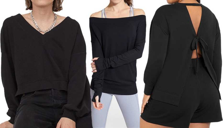 H&M V-Neck Sweatshirt in black; Athleta Studio Barre Sweatshirt in black; Eloquii Tie Back Sweatshirt in black