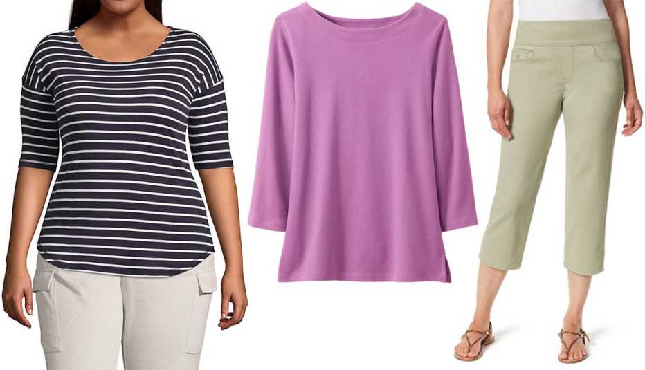 (Left to right) Lands’ End Women’s Plus Size Supima Micro Modal Elbow Sleeve Ballet-neck Curved Hem Top in True Navy/White Stripe; Coldwater Creek #BestCotton Boatneck Tee in Misty Mauve; Gloria Vanderbilt Women’s Amanda Pull-On Pants in Frosted Glass