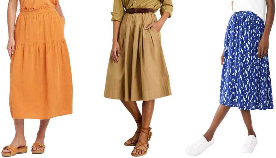 Universal Thread Women’s Plus Gauze Tiered Midi A-Line Skirt in Orange; Alex Mill June Pull-On Skirt in Vintage Khaki; Nine West Women’s Printed Pull-On Challis Skirt in Ocean Dabs