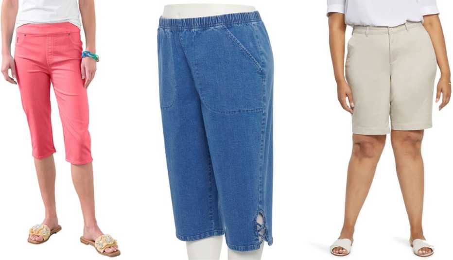 Chico’s 17-inch Pull-On Denim Capris in Calypso Coral; Croft & Barrow Plus Size Classic 17-inch Pull-On Skimmer Pants in Medium Wash; NYDJ Plus-Size Bermuda Shorts in Feather