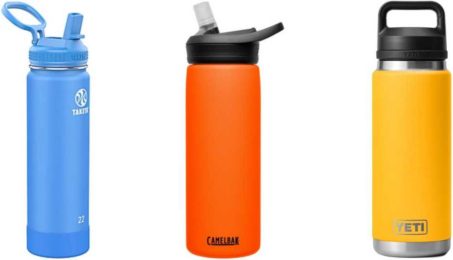 Takeya Actives Insulated Water Bottle with Straw Lid in Cobalt; CamelBak Eddy+  Water Bottle + 20oz Insulated Stainless Steel bottle in Koi; YETI Rambler with Chug Cap in Alpine Yellow