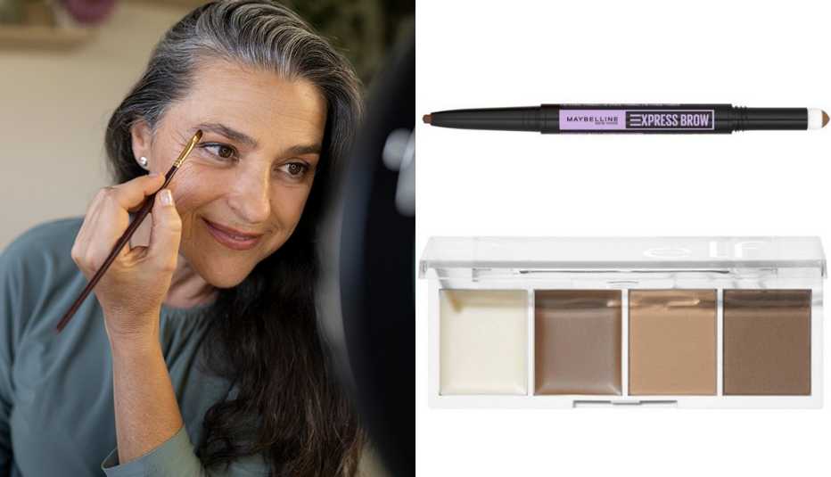 A woman touching up her brows; Maybelline Express Brow 2-in-1 Pencil and Powder Eyebrow Makeup ($8, target.com); e.l.f. Bite-Size Eyebrow Palette in Taupe ($4, target.com)