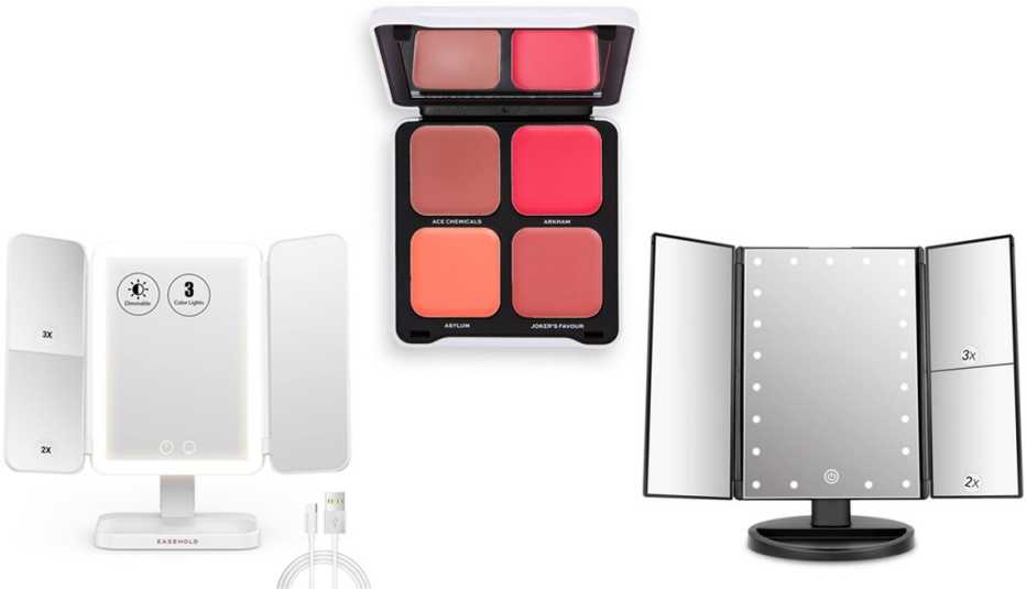 Easehold LED Vanity Tri-Fold Makeup Mirror in White; Makeup Revolution x DC Mad Love Cream Blusher Quad; deweisn Tri-Fold Lighted Makeup Mirror in Black