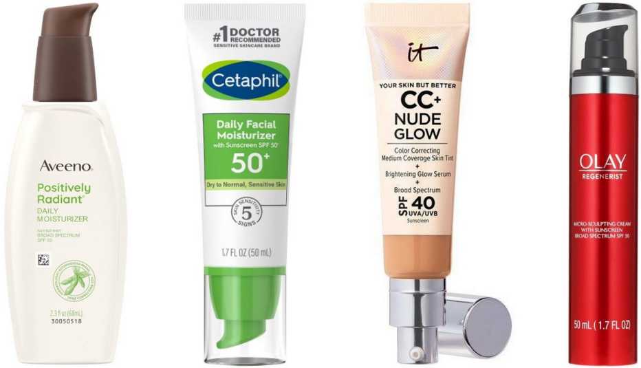 Aveeno Positively Radiant Sheer Daily Moisturizer SPF 30; Cetaphil Daily Facial Moisturizer SPF 50; It Cosmetics Your Skin But Better CC+ Nude Glow SPF 40; Olay Regenerist Micro-Sculpting Cream with Sunscreen SPF 30