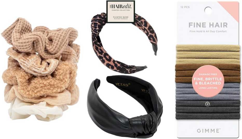 Kitsch Sand Assorted Textured Scrunchies Set; The Hair Edit Leopard Pleated Band Headband; GIMME Beauty Fine-Hair Multi-Color Neutral Bands; Yetasi Black Leather Knotted Headband