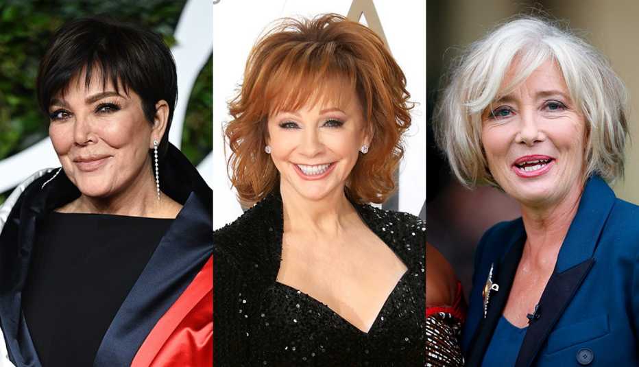 Side by side images of Kris Jenner, Reba McEntire and Emma Thompson wearing hairstyles with bangs