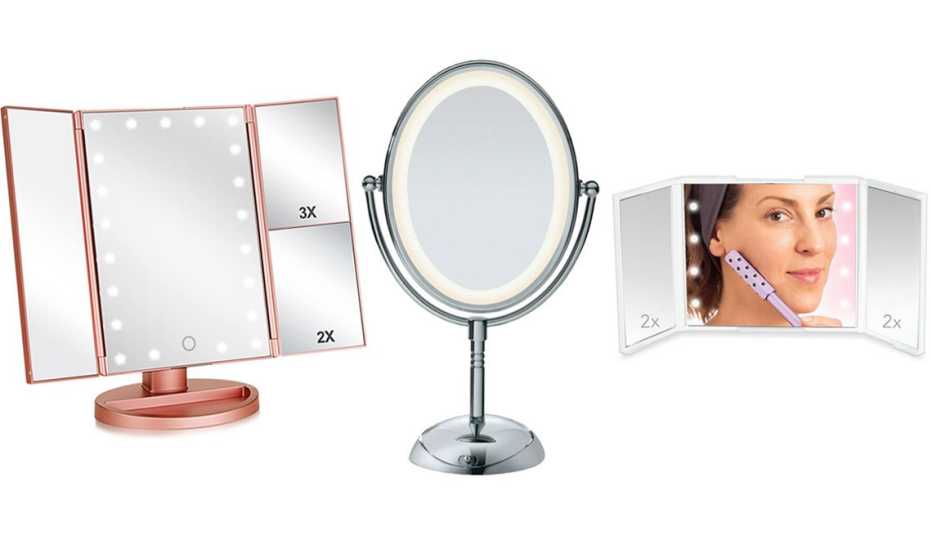 Flymiro Tri-Fold Lighted Vanity Makeup Mirror; Conair Double-Sided LED Lighted Mirror; Plum Beauty Compact LED Mirror