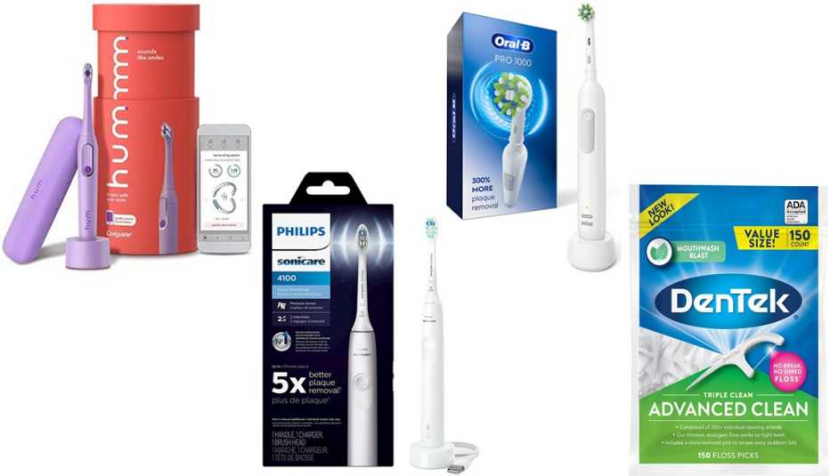 hum by Colgate Electric Toothbrush for Adults; Philips Sonicare 4100 Electric Toothbrush; Oral-B Pro 1000 Power Rechargeable Electric Toothbrush; DenTek Triple Clean Floss Picks in Mouthwash Blast
