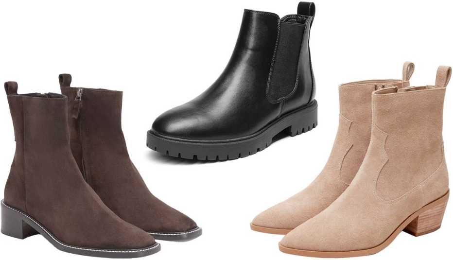 Everlane The City Boot in Dark Brown Suede; Dream Pairs Women’s Chelsea Ankle Booties in Black/Pu; Lisa Vicky Steady Western Bootie for Women in Tan Camel