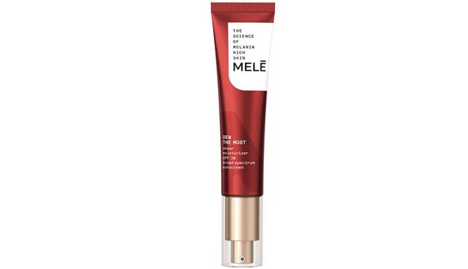 A bottle of MELEDew The Most Sheer Facial Moisturizer with SPF 30 Sunscreen for Melanin Rich Skin
