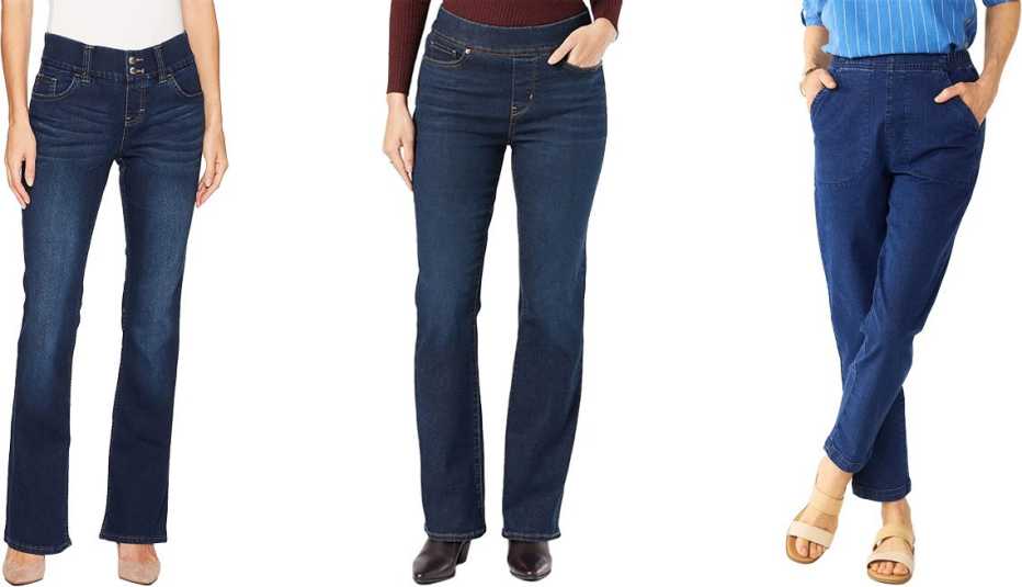 Riders by Lee Indigo Women’s Pull-On Waist-Smoother Bootcut in Dark Wash; Signature by Levi Strauss & Co. Gold Label Women’s Pull-On Bootcut in Point Bonita 5d; Women’s Croft & Barrow Classic Pull-On Jeans in Dark Wash Denim or Medium Wash Denim