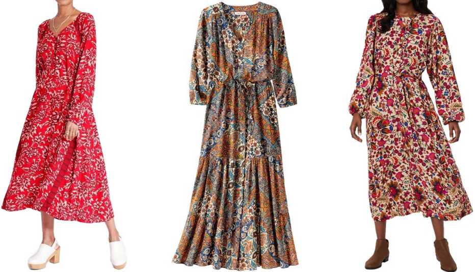 Knox Rose Women’s Long Sleeve Maxi Dress in Red; Coldwater Creek Valley View Maxi Dress in Cider Multi; St. John’s Bay Long Sleeve Midi Peasant Dress in Pink Floral