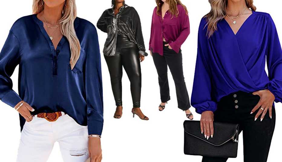 Beyove Women’s Silk Satin Button-Down in Navy Blue; Pilcro Plus Relaxed Velvet Buttondown in Grey; Gap Satin Shirt in Huckleberry Purple; JayGate Women’s V-Neck Puff Sleeve Wrap Blouse in Blue