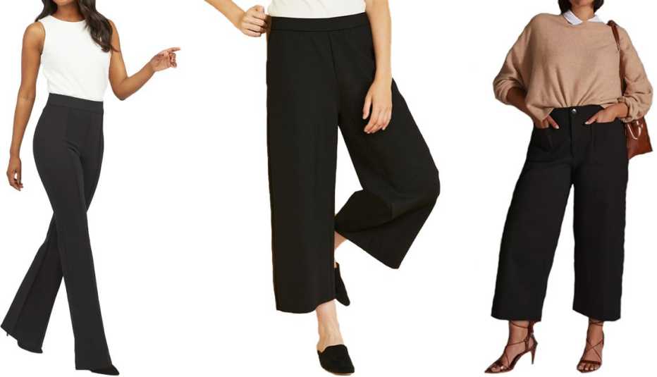 Spanx The Perfect Pant Hi-Rise Flare in Classic Black; Eileen Fisher Tencel Ponte Cropped Wide-Leg Pants in Black; Maeve The Colette Ponte Pants in Plus in Black
