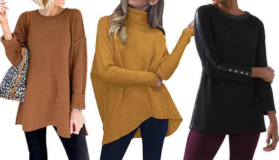 VTSGN Women’s Crewneck Sweater Tunic with Side Slits in Caramel; Anrabess Women’s Turtleneck Batwing Sleeve Asymmetric Hem Top in Camel; Chico’s Ponte Faux Leather Inset Tunic in Black