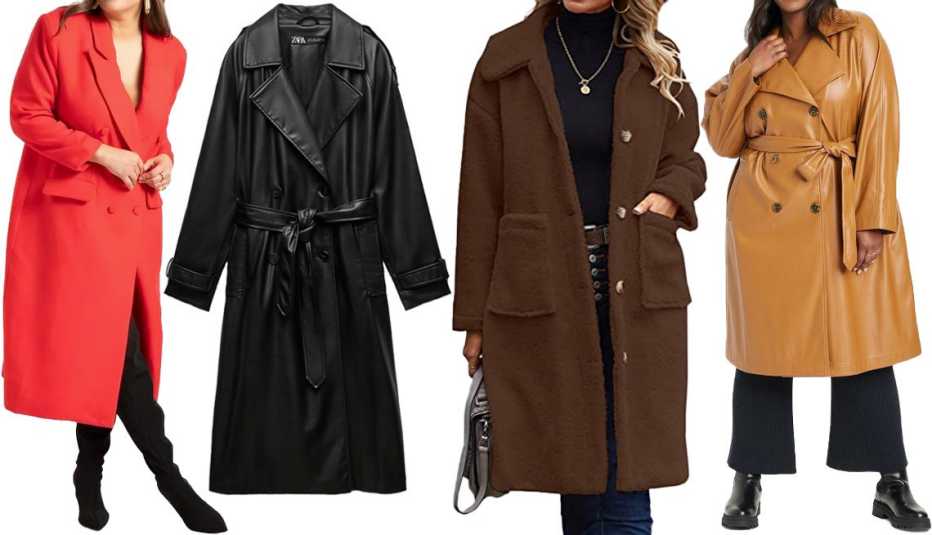 Eloquii Strong Shoulder Coat with Cinched Waist in Racing Red; Zara Belted Faux Leather Trench in Black; Angashion Women’s Fuzzy Fleece Lapel Long Button-Front Coat in 2226 Brown; Ava & Viv Women’s Plus-Size Faux Leather Belted Trench Coat in Tan