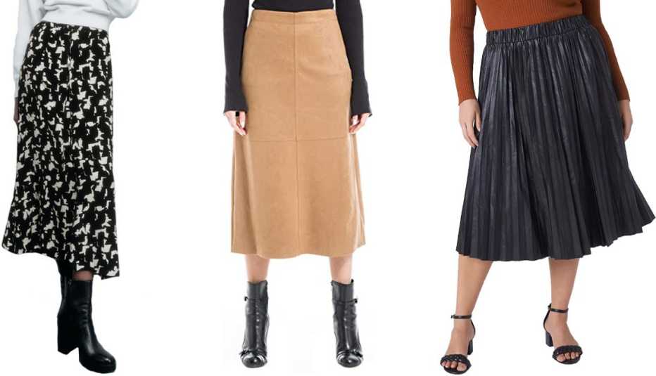 Zara Printed Midi Skirt in Black; Max Studio Women’s Faux Suede A-Line Midi Skirt in Vicuna; Lane Bryant Faux-Leather Pleated Midi in Black