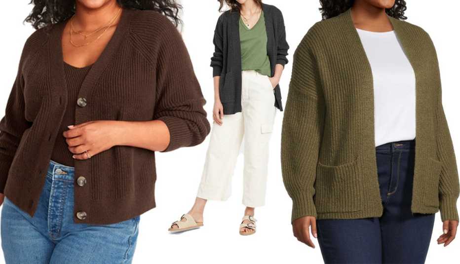 Old Navy Shaker-Stitch Cardigan Sweater for Women in Dark Brown Heather; Universal Thread Women’s Open-Front Cardigan in Charcoal Gray; a.n.a Plus Women’s Long Sleeve Open Front Cardigan in Avocado