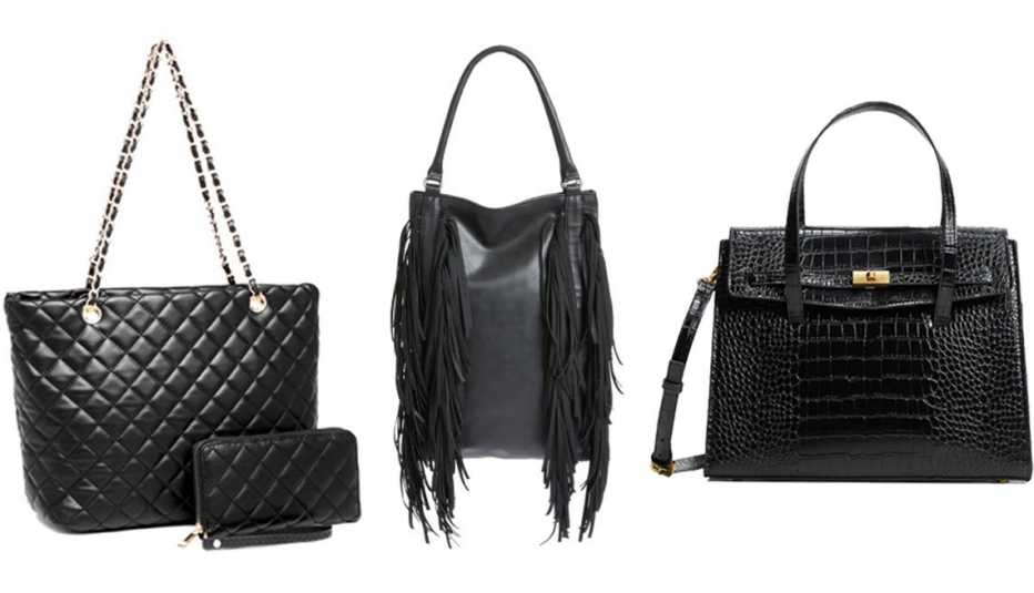Poppy Women’s Classic Quilted Leather Handbag in Black; Area Stars Fringe Faux Leather Hobo Bag in Black; Mango Croc-Effect Bag in Black
