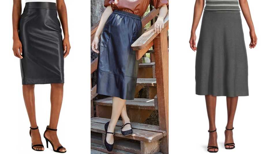 Anne Klein Women’s Pull-On Faux Leather Skimmer Skirt in Black; The Get Women’s Faux Leather Midi Skirt in Anthracite; Liz Claiborne Women’s Midi A-line Skirt in Charcoal