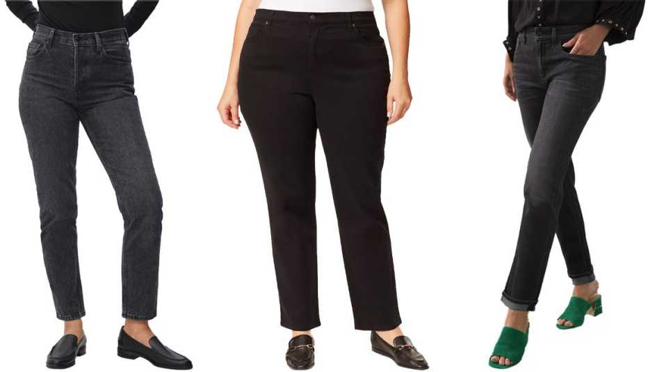 Everlane The ’90s Cheeky Jean in Washed Black; Gloria Vanderbilt Plus-Size Amanda Short-Length Jeans in Black; Chico’s Boyfriend Ankle Jeans in Deep Water Wash