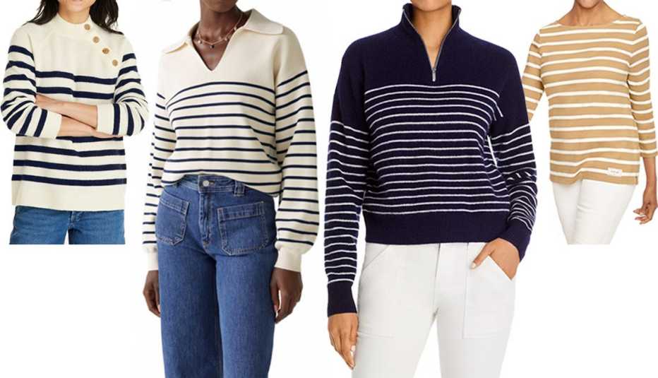 L.L.Bean Women’s Signature Wool-Blend Sweater, Pullover in Sailcloth Stripe; & Other Stories Relaxed Collared Sweater in White Stripes; Aqua Cashmere Stripe Quarter Zip Cashmere Sweater in Peacoat/Ivory; Talbots Women’s Plus Authentic Talbots Bateau Neck Tee — Palm Stripe in Sandcastle Multi