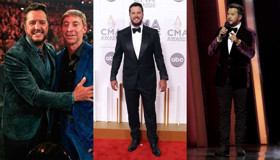 Side by side images of Luke Bryan in a green suede blazer with Ashley Gorley, in a tuxedo on the red carpet and in a burgundy dress jacket at the 56th annual CMA Awards