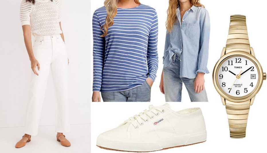 Madewell The Perfect Vintage Wide-Leg Crop Jean in Tile White; LilyCoco Women’s Long-Sleeve Striped T-Shirt in Blue Stripe; J. Crew Women’s Classic-Fit Chambray Shirt; Timex Easy Reader 25mm Expansion Band Watch; Superga Women's 2750 Cotu Classic Sneaker