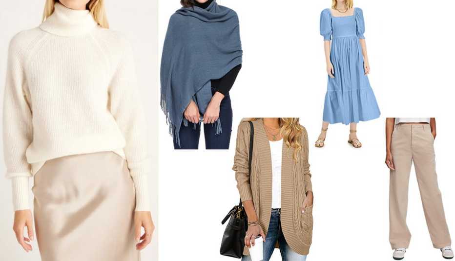 Left to right: Quince baby alpaca-wool turtleneck in Ivory; Hoyayo wool-shawl pashmina wrap in 05-Cyan; Yibock women’s long-sleeve open-front chunky-knit cardigan in Cablekhaki; INC International Concepts smock puff-sleeve dress in Dutch Canal; Gap loose khaki with Washwell in Moonstone Beige