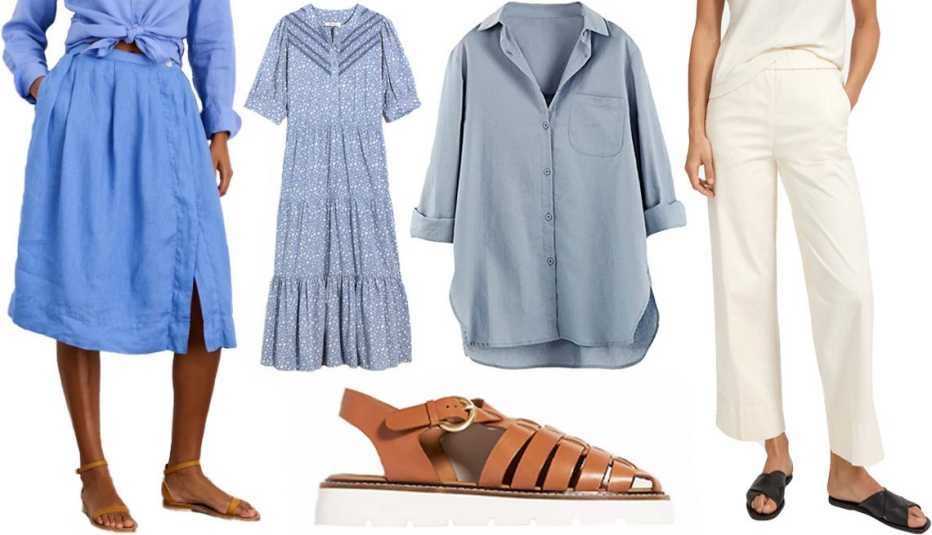 Alex Mill Kelsey linen skirt in French Blue; Madewell plus embroidered puff-sleeve midi dress in cottage garden, in Terrace Blue; Cofouen women’s cotton-linen button-down long-sleeve shirt in Gray Blue; Everlane Easy Pant in Canvas; Anthropologie fisherman sport sandals in Brown