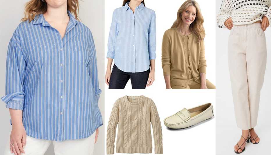 Old Navy striped boyfriend shirt; Amazon classic-fit long-sleeve shirt; Appleseed’s Spindrift cardigan sweater & short-sleeve sweater shell; H&M high-waist twill pants; Artisure classic penny loafers; L. L.Bean Double L cable sweater
