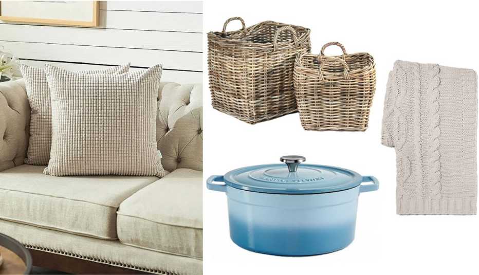 FY Fiber House checkered square pillow cover in Cream; Gracie Oaks fireplace wicker/rattan basket set; Threshold cable-knit chenille throw blanket in Neutral; Martha Stewart Collection enameled cast-iron round 6-quart Dutch oven in Sky Blue
