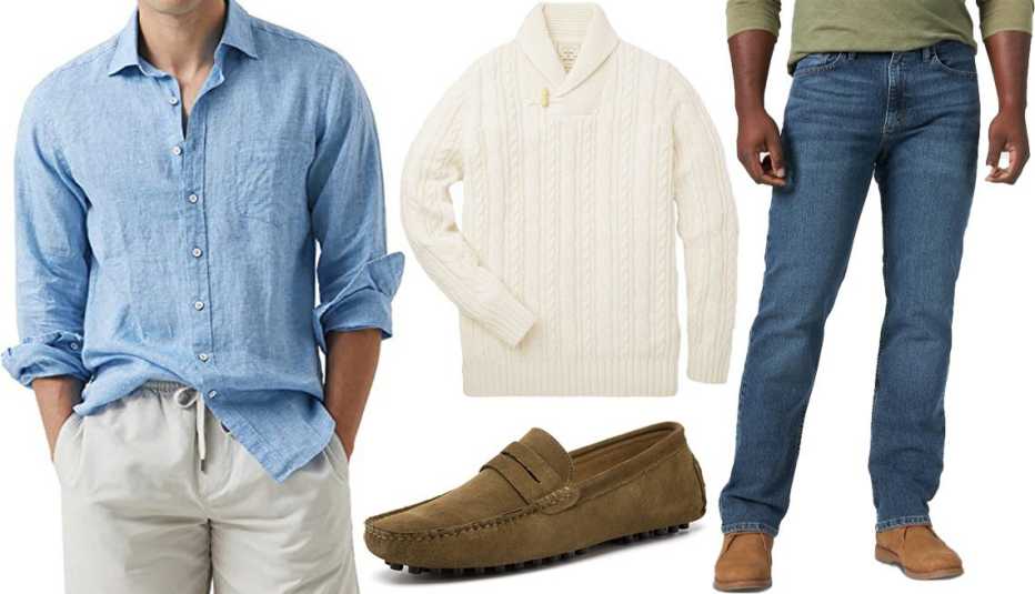 Hope & Henry men’s shawl-collar sweater in White Cable Knit Shawl; Wrangler men’s relaxed-fit jeans in Light Blue; Go Tour men’s driving shoes in Khaki; JMIERR men’s cotton-linen long-sleeve button-down shirt in 01 Sky Blue