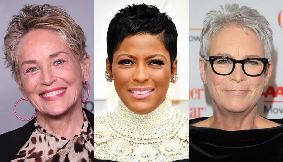 Side by side images of Sharon Stone, Tamron Hall and Jamie Lee Curtis with very short pixie hairstyles