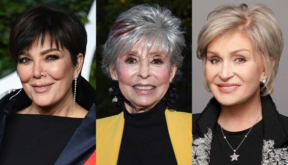 Side by side images of Kris Jenner, Rita Moreno and Sharon Osbourne with pixie bob hairstyles with bangs