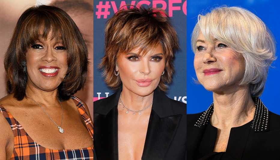 Side by side images of Gayle King, Lisa Rinna and Helen Mirren with a choppy shag hairstyle