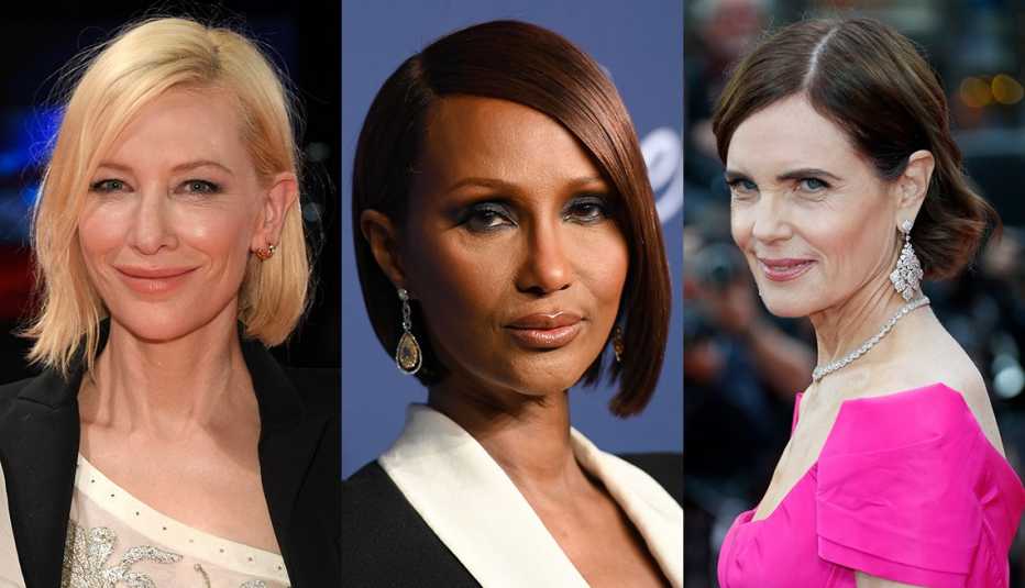 Side by side images of Cate Blanchett, Iman and Elizabeth McGovern with a blunt bob hairstyle