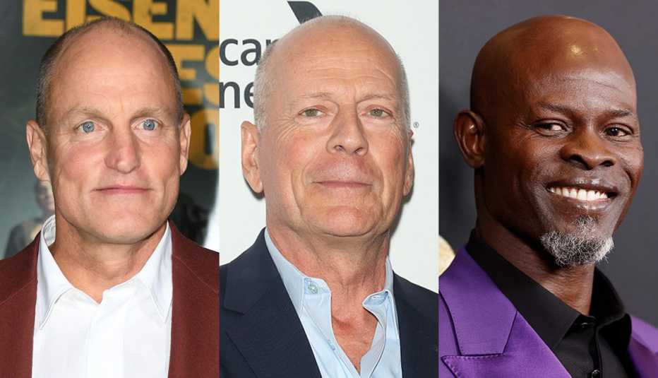 Side by side images of Woody Harrelson, Bruce Willis and Djimon Hounsou