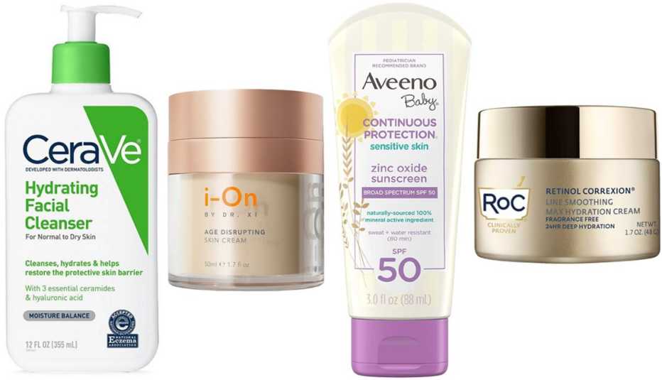CeraVe Hydrating Facial Cleanser for Normal to Dry Skin; i-On Skincare Age Disrupting Skin Cream; Aveeno Baby Continuous Protection Zinc Oxide Mineral Sunscreen, SPF 50 fragrance-free; RoC Retinol Correxion Line Smoothing Max Hydration Cream