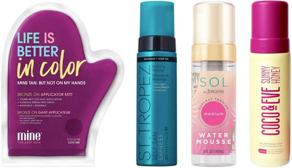 MineTan Bronze on Applicator Mitt; St. Tropez Self Tan Express Bronzing Mousse; Sol by Jergens Medium Water Mousse Self-Tanner; Coco & Eve Sunny Honey Bali Bronzing Self-Tanner Mousse