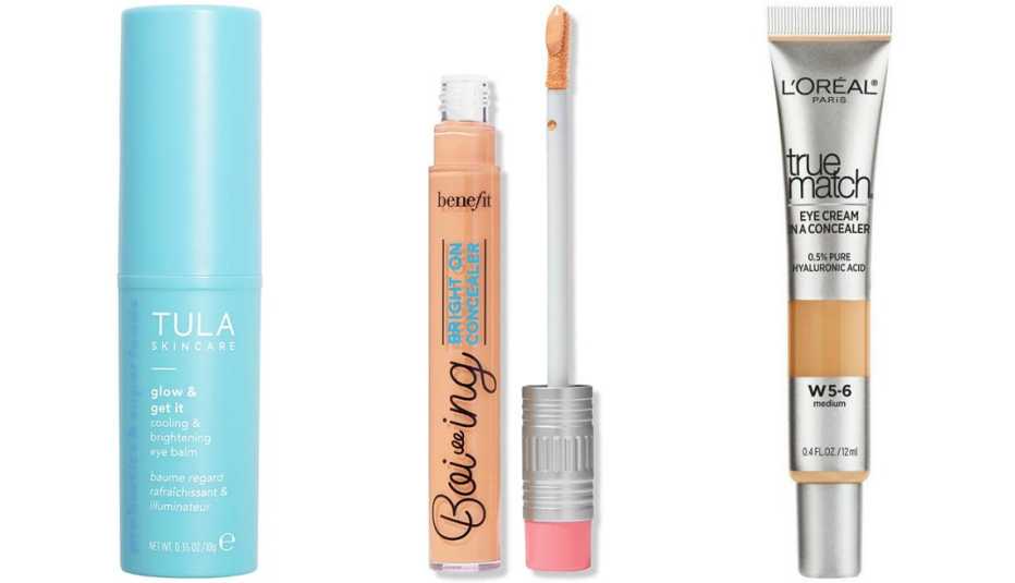 Tula Glow & Get It Cooling and Brightening Eye Balm; Benefit Boi-ing! Bright On Brightening Undereye Concealer; L’Oréal Paris True Match Eye Cream In a Concealer