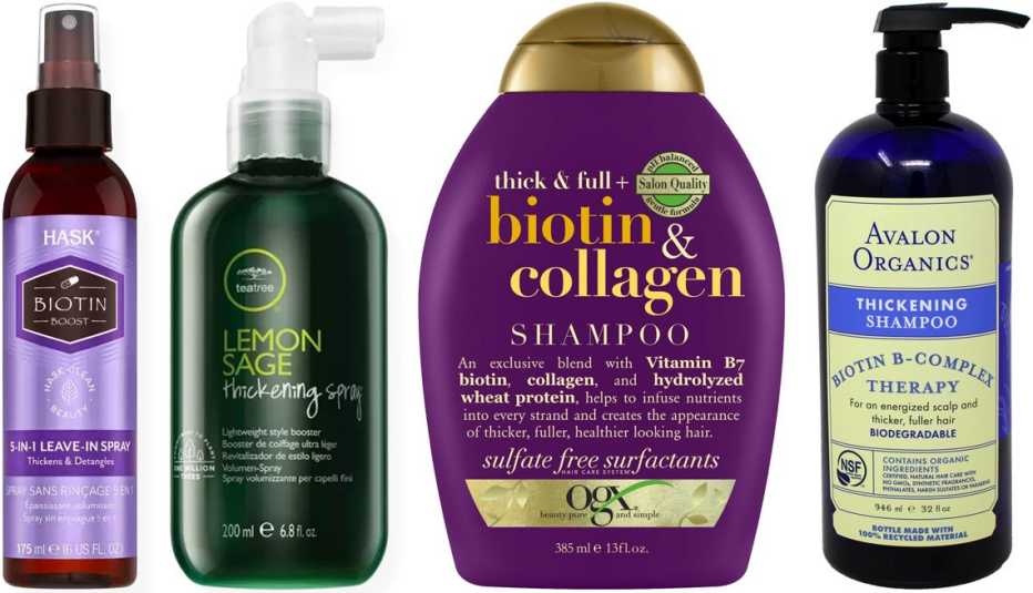 Hask Biotin Oil 5-In-1 Leave-In Spray; Tea Tree Lemon Sage Thickening Spray; OGX Thick & Full + Biotin & Collagen Volumizing Shampoo; Avalon Organix Therapy Thickening Biotin-B Complex Shampoo
