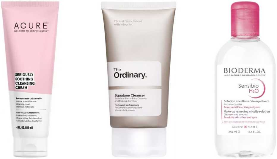 Acure Seriously Soothing Cleansing Cream; The Ordinary Squalane Cleanser; Bioderma Sensibio H2O Micellar Cleansing Water-Makeup Remover for Sensitive Skin