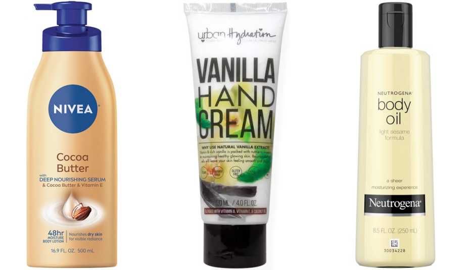 Nivea Cocoa Butter Body Lotion; Urban Hydration Vanilla Hand Cream; Neutrogena Moisturizing Body Oil, Light Sesame Formula