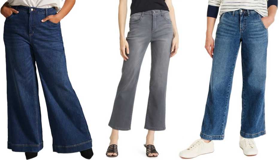 Maeve Plus The Jada High-Rise Wide-Leg Jeans in Denim Dark; Wit & Wisdom Ab-Solution Wide Leg Jeans in Gy-Grey; L.L. Bean Women’s 207 Vintage Jeans Wide-Leg in Faded Indigo