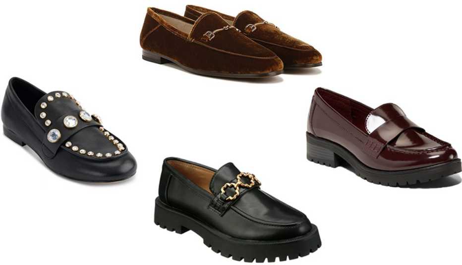 Karl Lagerfeld Paris Women’s Avah Loafer Flats in Black; Sam Edelman Loraine Loafer in Cocoa Bronze; Old Navy Faux Leather Chunky-Heel Loafer Shoes for Women in Royal Burgundy; Sam & Libby Women’s Remi Lug Sole Loafer in Black