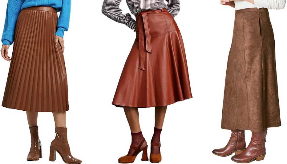 River Island Women’s Brown Faux Leather Pleated Midi Skirt; Eva Franco Faux Leather Midi Skirt in Brown; Coldwater Creek Faux-Suede Skirt