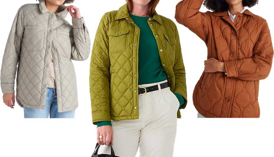 Black Tape Women’s Quilted Light Puffer Shacket in Khaki; J. Crew Women’s Quilted Lightweight Shirt-Jacket in Mossy Grove; Madewell Airpuff Shirt-Jacket in Warm Coffee